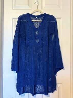 Women's Royal Blue Knit Swim Suit Coverup V-Neck Hi Low Bell Slit Sleeves Size L